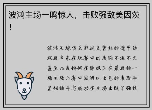 波鸿主场一鸣惊人，击败强敌美因茨！